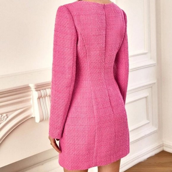 Tweed Button detailed Long sleeved v-neckline Pink Mini Dress - Picture 3 of 6